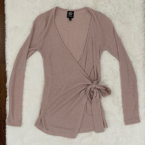 Balletcore Wrap Side Tie Long Sleeve Top | Bobeau Dusty Rose Pink Ribbed Sweater - Picture 8 of 16